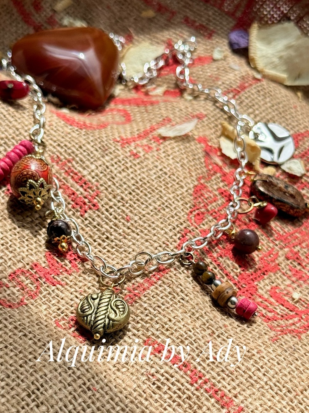 Fall + Red coral and Antique Gold Bohemian Charm Necklace